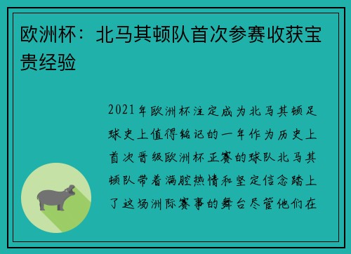 欧洲杯：北马其顿队首次参赛收获宝贵经验