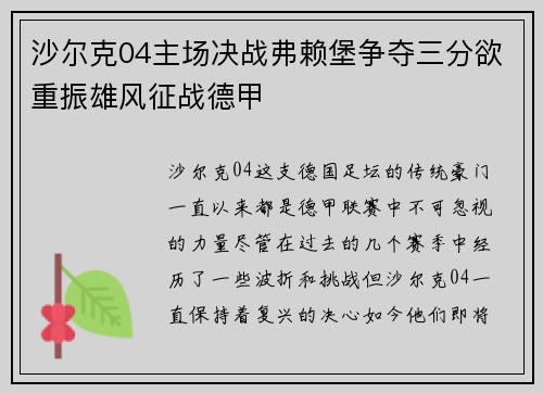 沙尔克04主场决战弗赖堡争夺三分欲重振雄风征战德甲